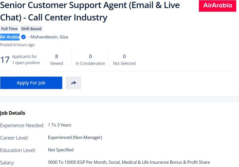 Customer Support Agent (Email & Live Chat) - Air Arabia