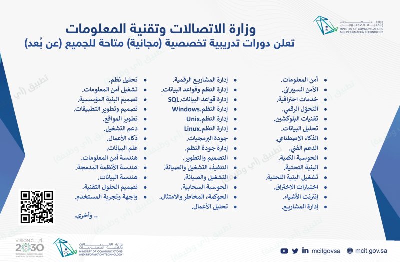 وزارة الاتصالات تعلن دورات تدريبية تخصصية (مجانية) متاحة للجميع (عن بُعد)