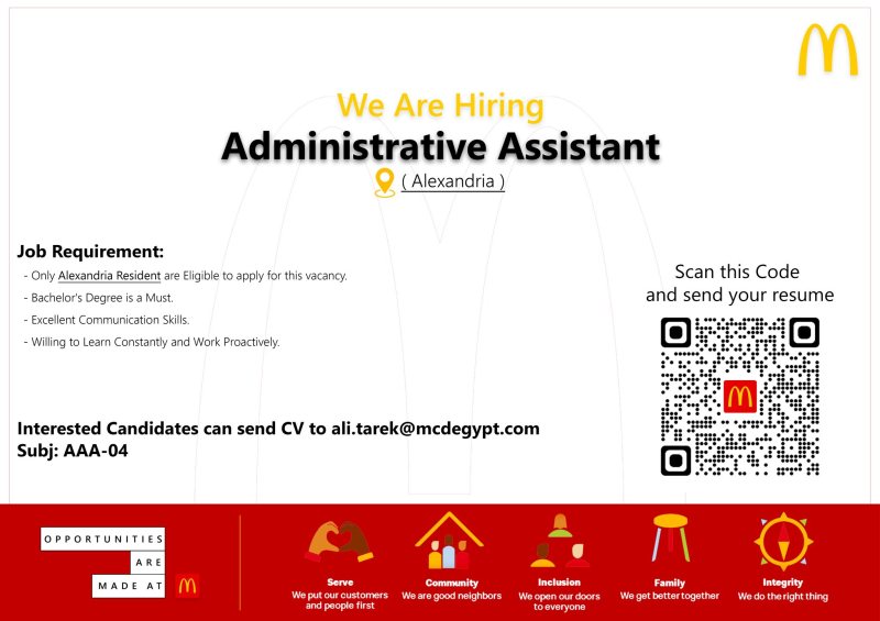 McDonalds Egypt is hiring Administrative Assistant