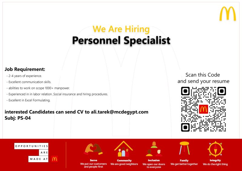 McDonalds Egypt is hiring for our Head Office in Zamalek Personnel Specialist.